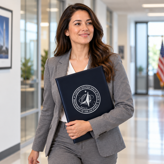AI-generated illustration of a woman carrying a large dark blue U.S. Space Force award binder with a silver seal through an office corridor.