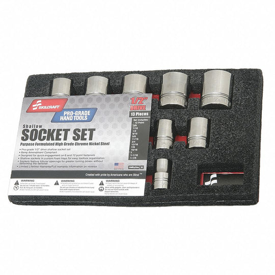 5120014293546 AbilityOne NSN4293546 Socket Set, 1/2 Drive Shallow, SAE 12 Point Fasteners, 13 Pieces Se