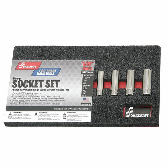 5120014293625 AbilityOne NSN4293625 Socket Set, 1/4 Drive Deep, SAE 6 and 12 Point Fasteners, 10 Pieces SE