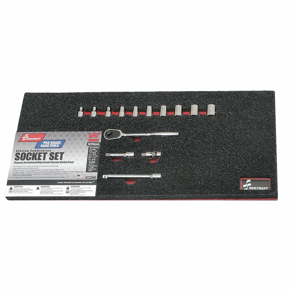 5120016311432 AbilityOne NSN6311432 Premium Grade Socket Set, 1/4" Drive, Shallow, SAE 6, 12-Point Fasteners, 14 Piece Set