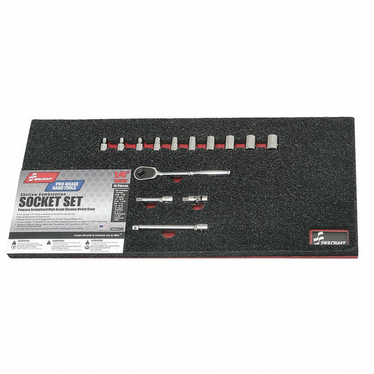 5120016311432 AbilityOne NSN6311432 Premium Grade Socket Set, 1/4" Drive, Shallow, SAE 6, 12-Point Fasteners, 14 Piece Set