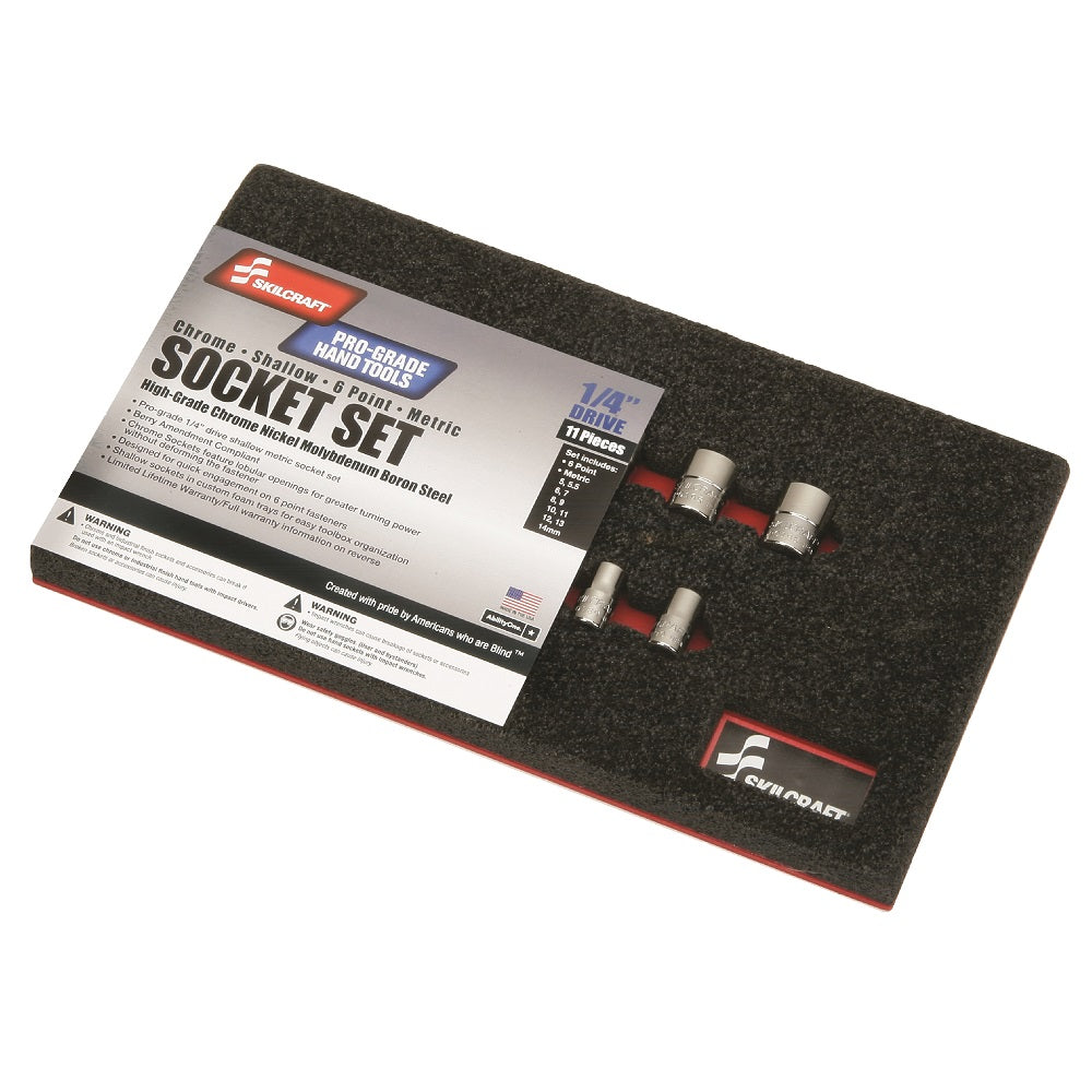 5120016593462 AbilityOne NSN6593462 Pro-Grade Socket Set, 1/4" Drive, Shallow, Metric 6-Point Fasteners, 11 Piece Se Ea
