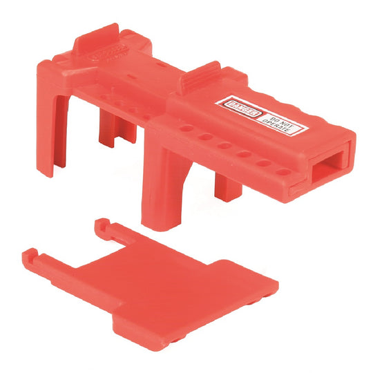 534000NIB0389  BALL VALVE LOCKOUT, FITS PIPE SIZE 1-1/2" to 2-1/2", PLASTIC, RED BX