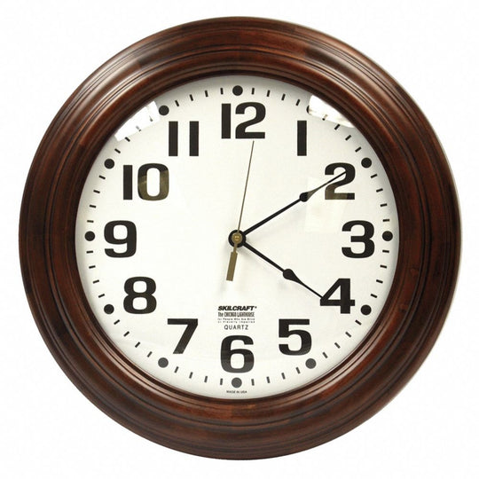 QUARTZ WALL CLOCK, HARDWOOD ROUND FRAME, WALNUT CASE/WHITE FACE