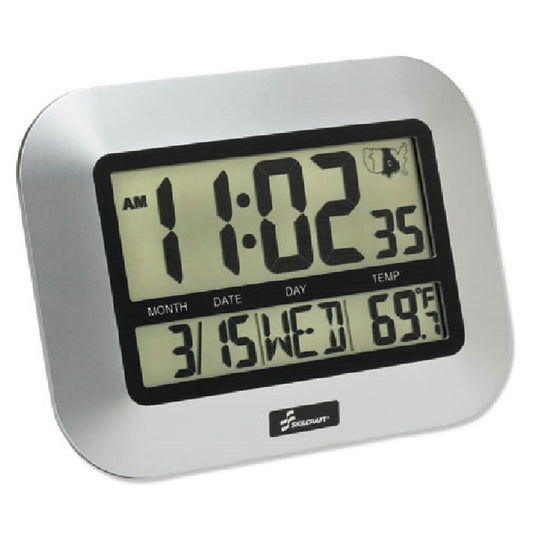 6645016611877 AbilityOne NSN6611877, Clock, LCD Digital Display, Radio-Controlled, Silver, 9.75" x 7.25" x 1" Ea