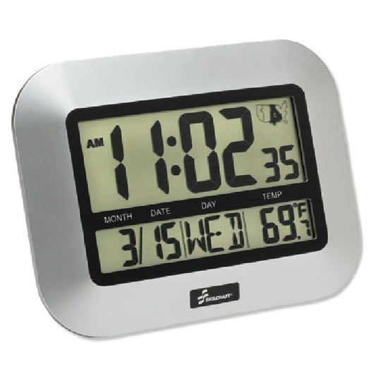 6645016611877 AbilityOne NSN6611877, Clock, LCD Digital Display, Radio-Controlled, Silver, 9.75" x 7.25" x 1" Bx