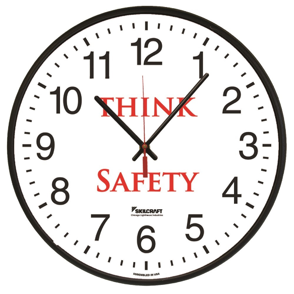 6645016986558 AbilityOne NSN6986558, Clock, Wall, Quartz, "Think Safety", 12-3/4" Diameter, Black Frame Bx