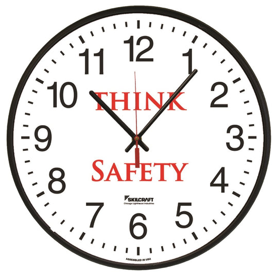 6645016986558 AbilityOne NSN6986558, Clock, Wall, Quartz, "Think Safety", 12-3/4" Diameter, Black Frame Bx