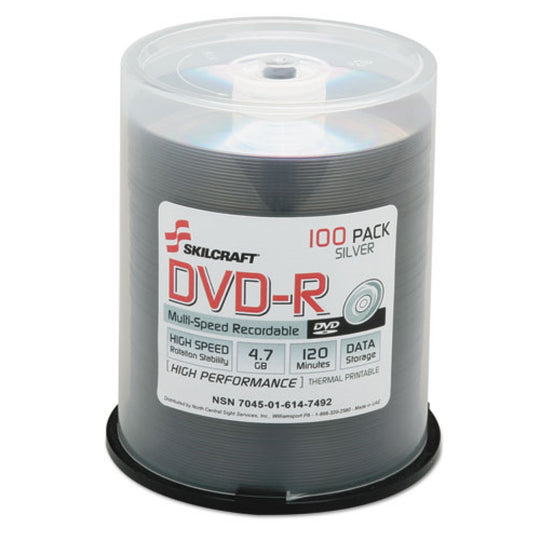 7045016147492 AbilityOne NSN6147492, Blank Media Discs, DVD-R, Thermal Printable 120 Min, 4.7GB, 100 Pack with Spindle, Pk