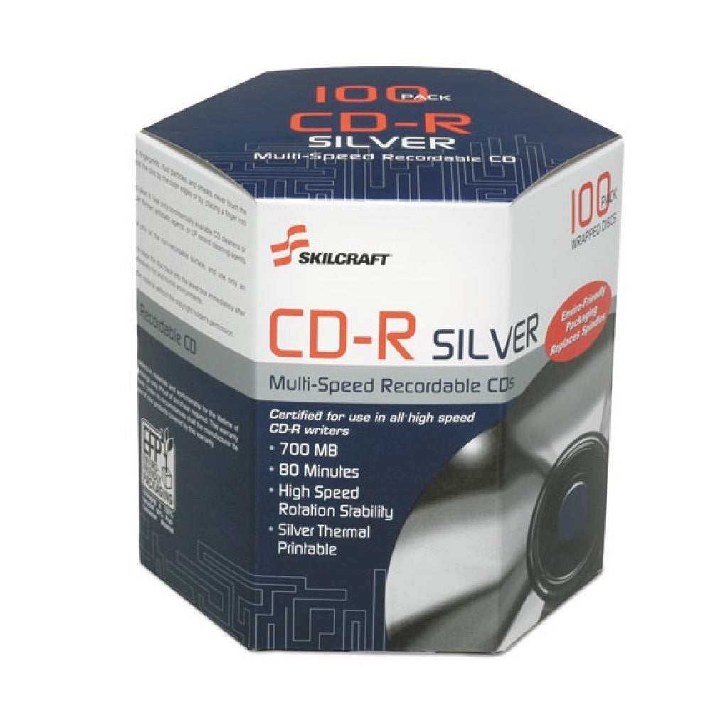 SKILCRAFT Thermal Printable CD-R Discs • 700 MB • 52x • 100 Pack • NSN