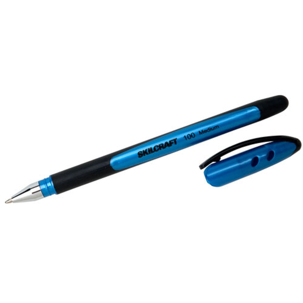 100 RUBBERIZED STICK PEN, MEDIUM POINT, METALLIC BLUE BARREL/BLUE INK