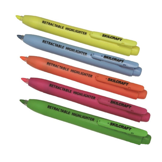 RETRACTABLE HIGHLIGHTER, CHISEL TIP, 5 COLOR SET