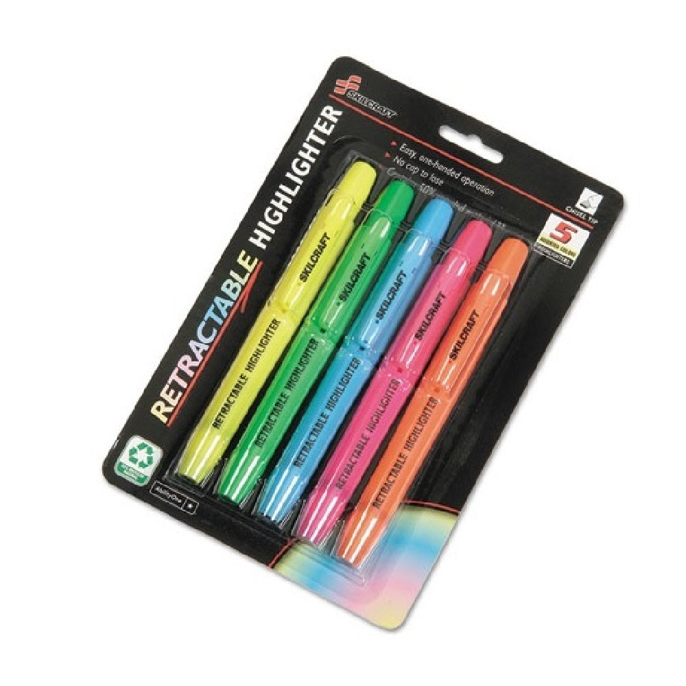 RETRACTABLE HIGHLIGHTER, CHISEL TIP, 5 COLOR SET