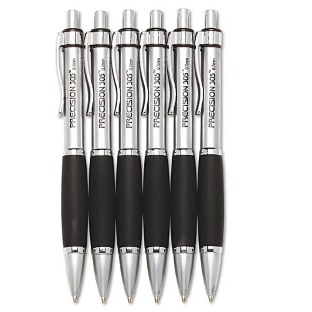 PRECISION MECHANICAL PENCIL, METAL BARREL, SILVER BARREL, BLACK LEAD 6/PACK