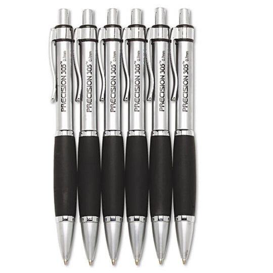 PRECISION MECHANICAL PENCIL, METAL BARREL, SILVER BARREL, BLACK LEAD 6/PACK