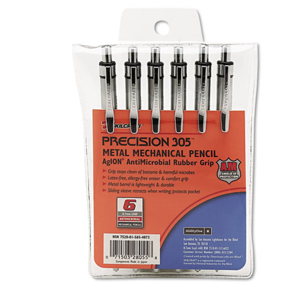 PRECISION MECHANICAL PENCIL, METAL BARREL, SILVER BARREL, BLACK LEAD 6/PACK