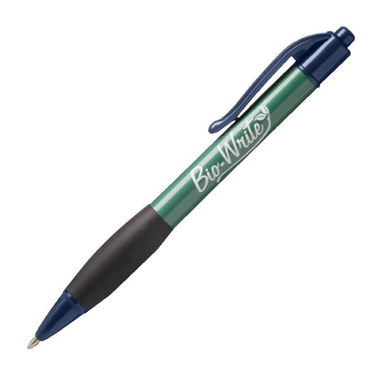 BIO-WRITE RETRACTABLE PEN W/ RUBBER GRIP, MEDIUM POINT, BLUE INK PK