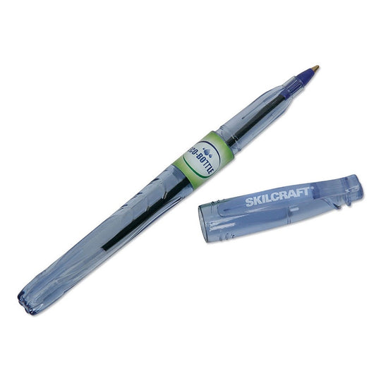 RECYCLED WATER BOTTLE STICK PENS, CLEAR BARREL, BLUE - 12 PENS/PACK