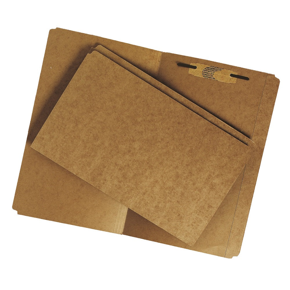 A stack of brown kraft paperboard file folders with a straight cut tab design, 1.50" fastener capacity, laid flat.