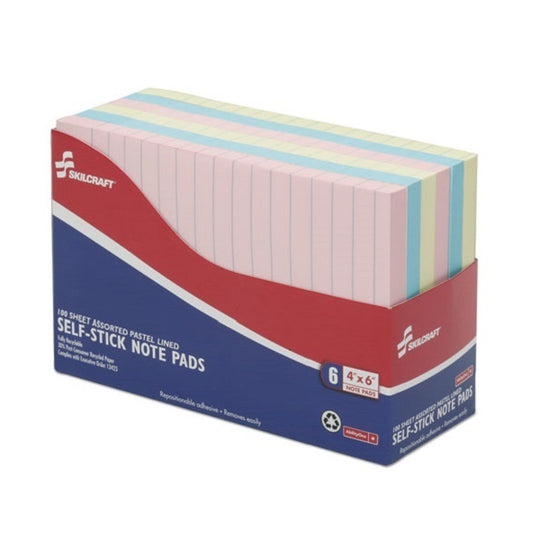 SELF STICK PAD SET, 4 x 6, LINED, 100 SHEETS, COLORS: BLUE, GREEN, PINK, YELLOW PK