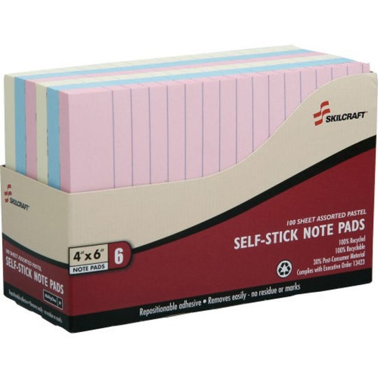 SELF STICK PAD SET, 4 x 6, LINED, 100 SHEETS, COLORS: BLUE, GREEN, PINK, YELLOW PK