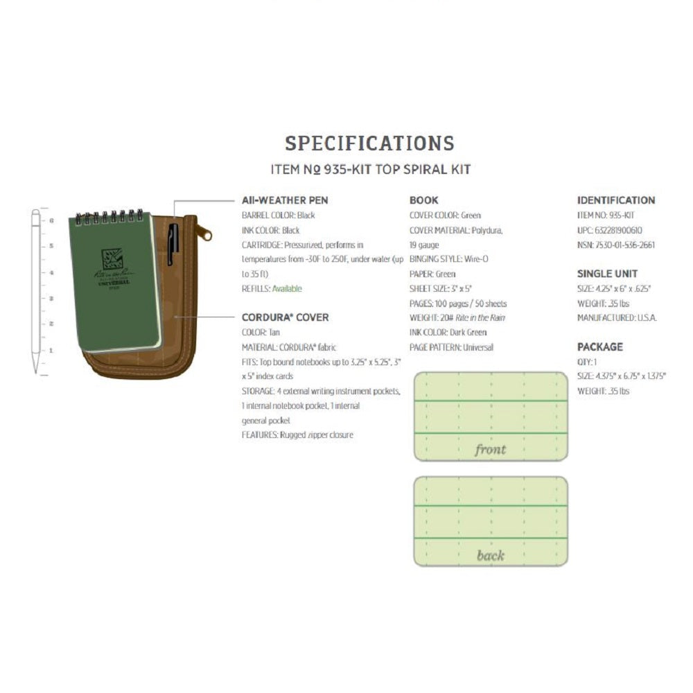 RITE N RAIN, NOTEBOOK/PEN KIT, GREEN EA