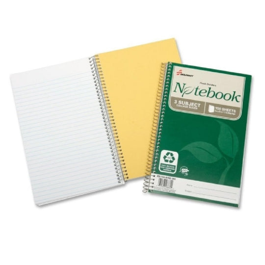 RECYCLED NOTEBOOK, 3 SUBJECTS, MEDIUM/COLLEGE RULE, GREEN COVER BX