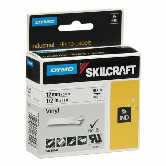 VINYL INDUSTRIAL LABEL TAPE CASSETTE- 1/2" - WHITE/BLACK CS