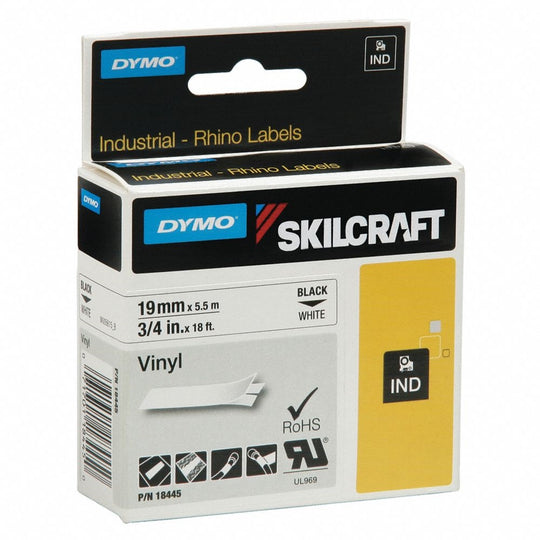 INDUSTRIAL LABEL TAPE CASSETTE, VINYL - WHITE/BLACK PRINT CS