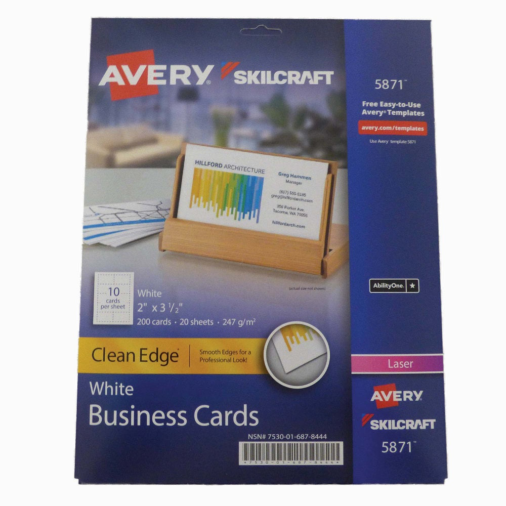 SKILCRAFT / AVERY Clean Edge Business Cards 2 x 3-1/2 • 7530-01-687-8444 / 7530016878444