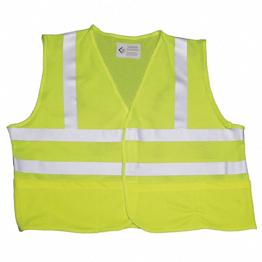 SAFETY VEST FRONT CLOSURE, CLASS 2 ANSI 107, LIME, SILVER REFLECTIVE STRIPS - LARGE EA